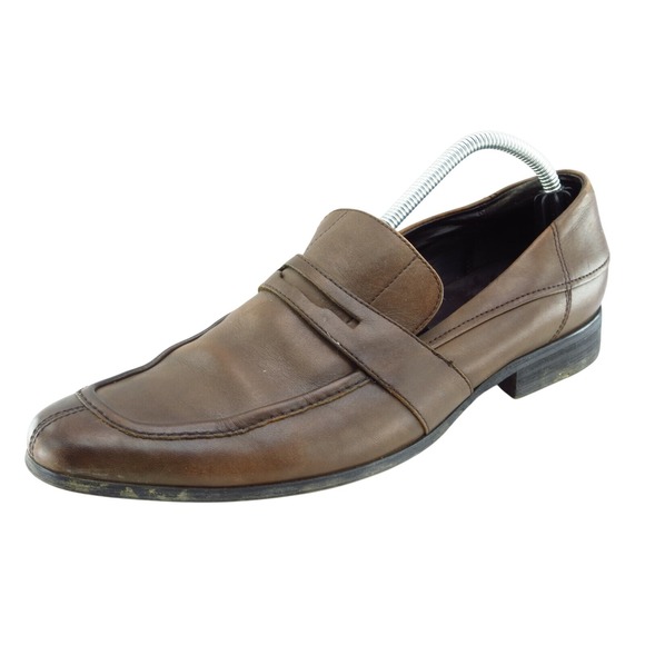 Calvin Klein Men\'s 9.5M Brown‎ Leather Penny Loafers Slip On Dress Shoes F4605